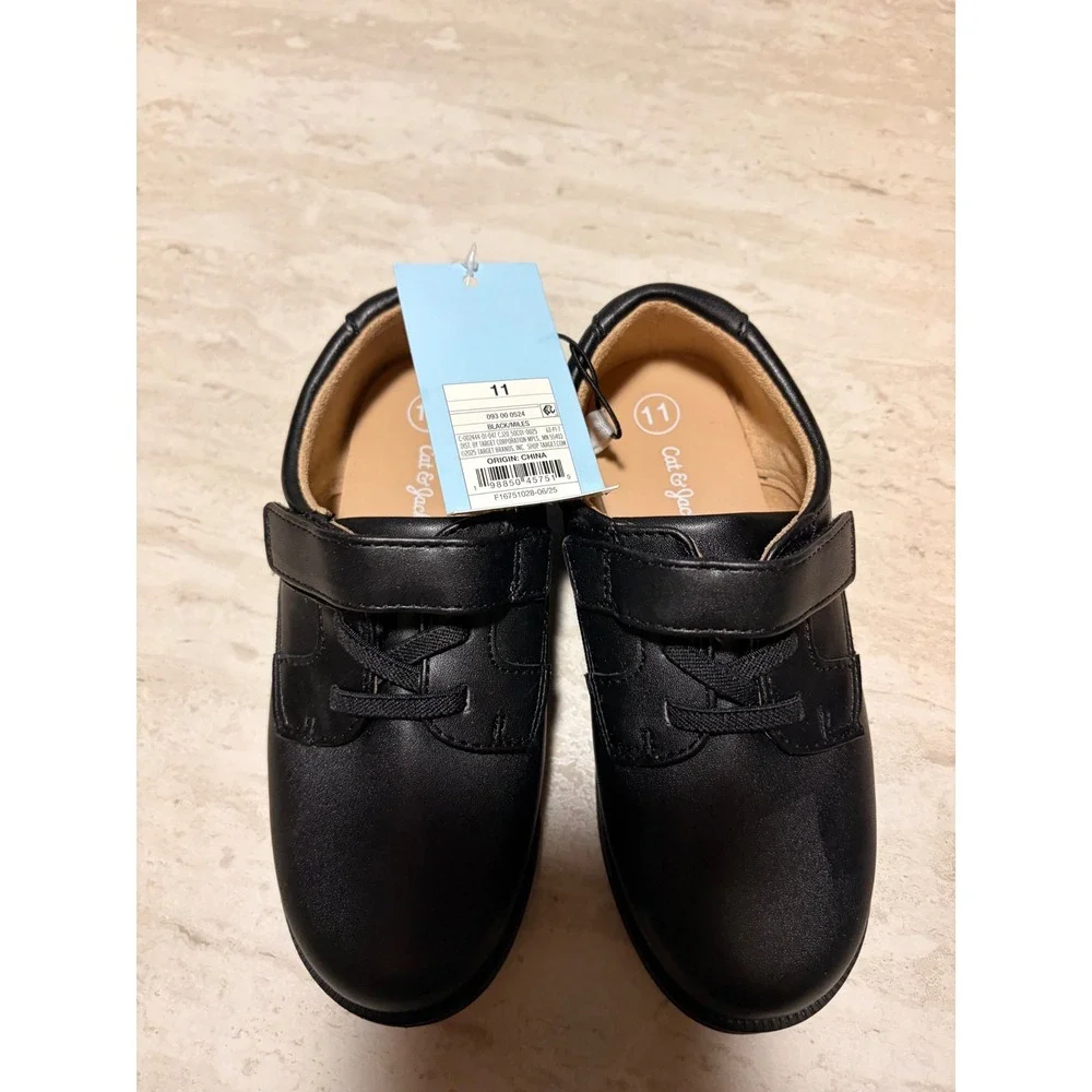 Cat & Jack Miles Boys Black Dress Shoes Hook and Loop Oxford Size 11 NWT